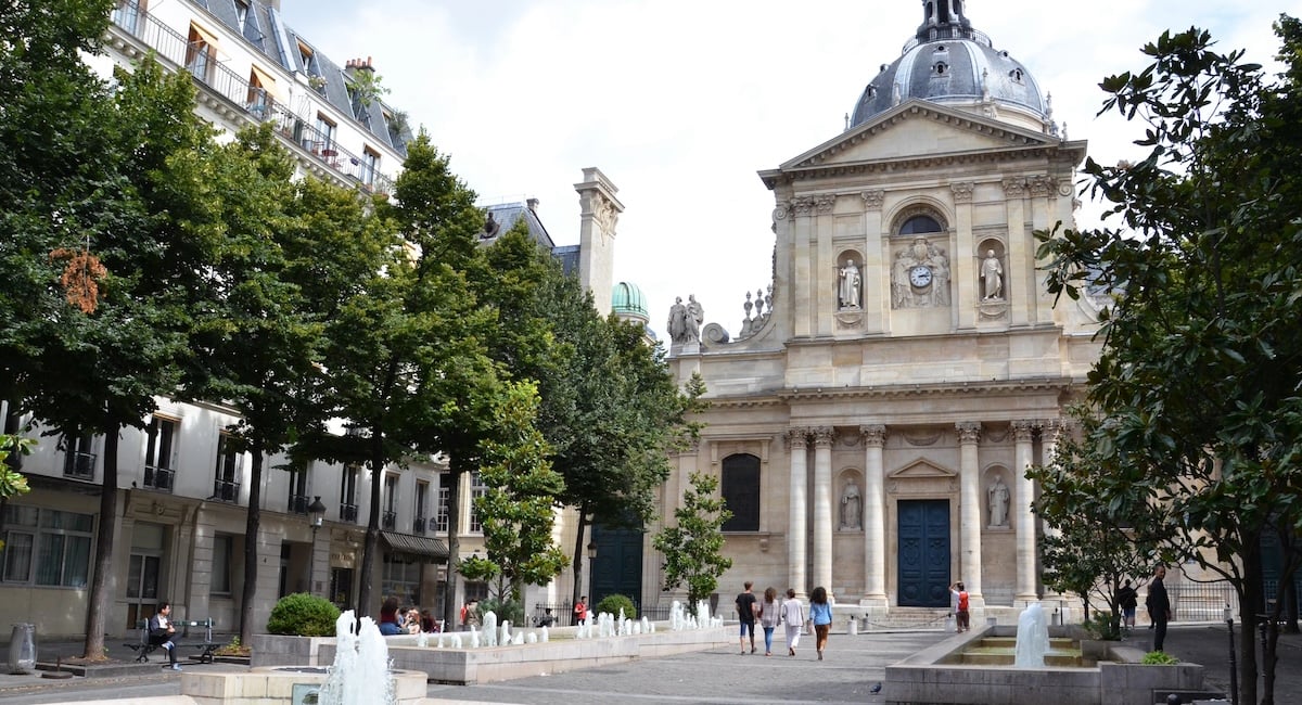 PARIS - AUG 11:  The Place de la Sorbonne in Paris, France is shown on August 11, 2016. The Sainte Ursule Chapel is in the background.